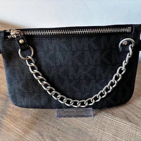 Michael Kors Signature Black Fanny Pack Belt Bag w/Silver-tone Chain - Picture 3 of 8